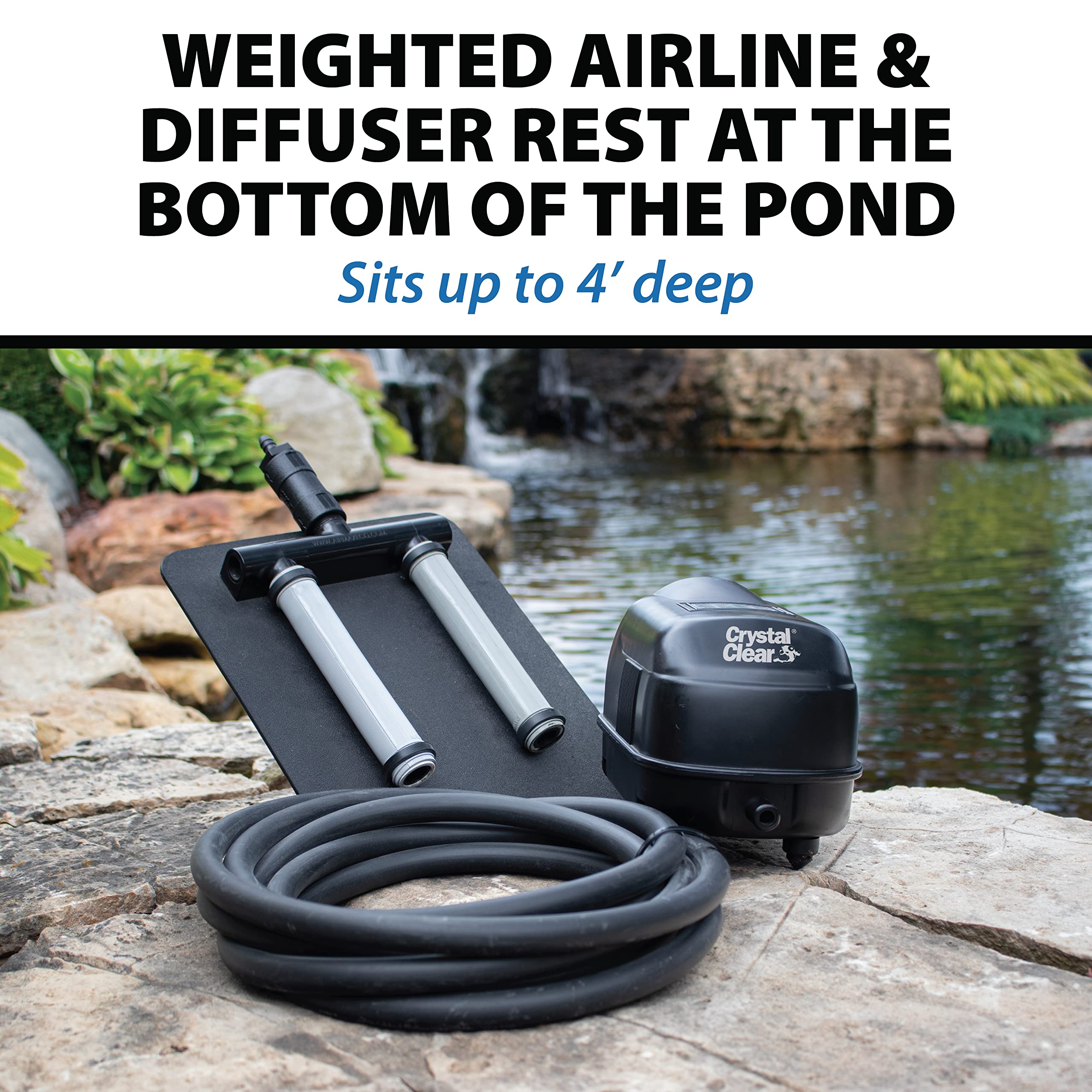CrystalClear KoiAir 1 Complete Pond Aeration Kit - Oxygen Bubbler System for Koi & Fish Ponds, Outdoor Water Garden Aerator with Diaphragm Compressor Pump, Air Line & Submersible Diffuser Stick - Perfect for Backyard Ponds, Garden Water Features & Aquatic Life Health