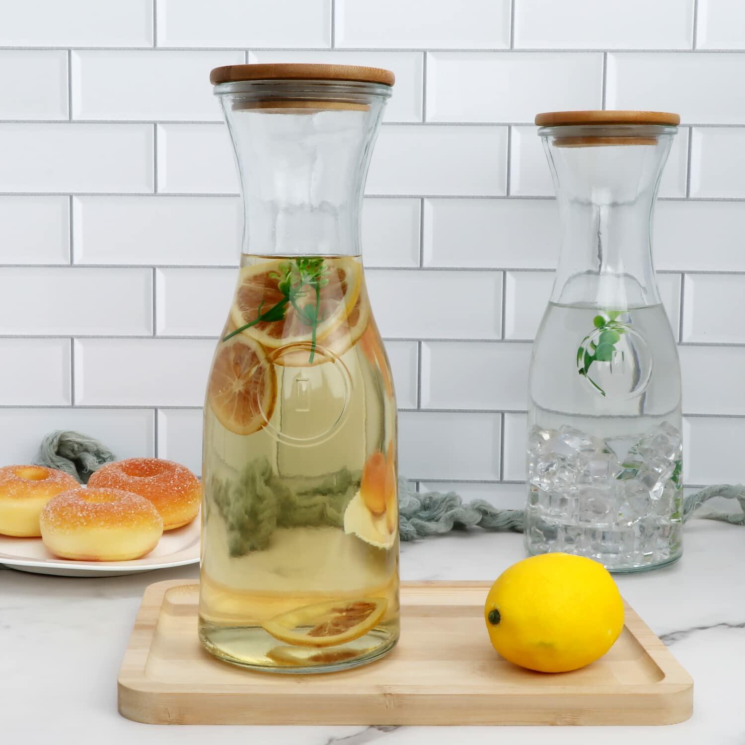 35oz Glass Carafe with Wooden Lid - 6-Piece Set for Wine, Fruit Tea, Juice & Water - Perfect for Parties, Dining & Home Entertaining