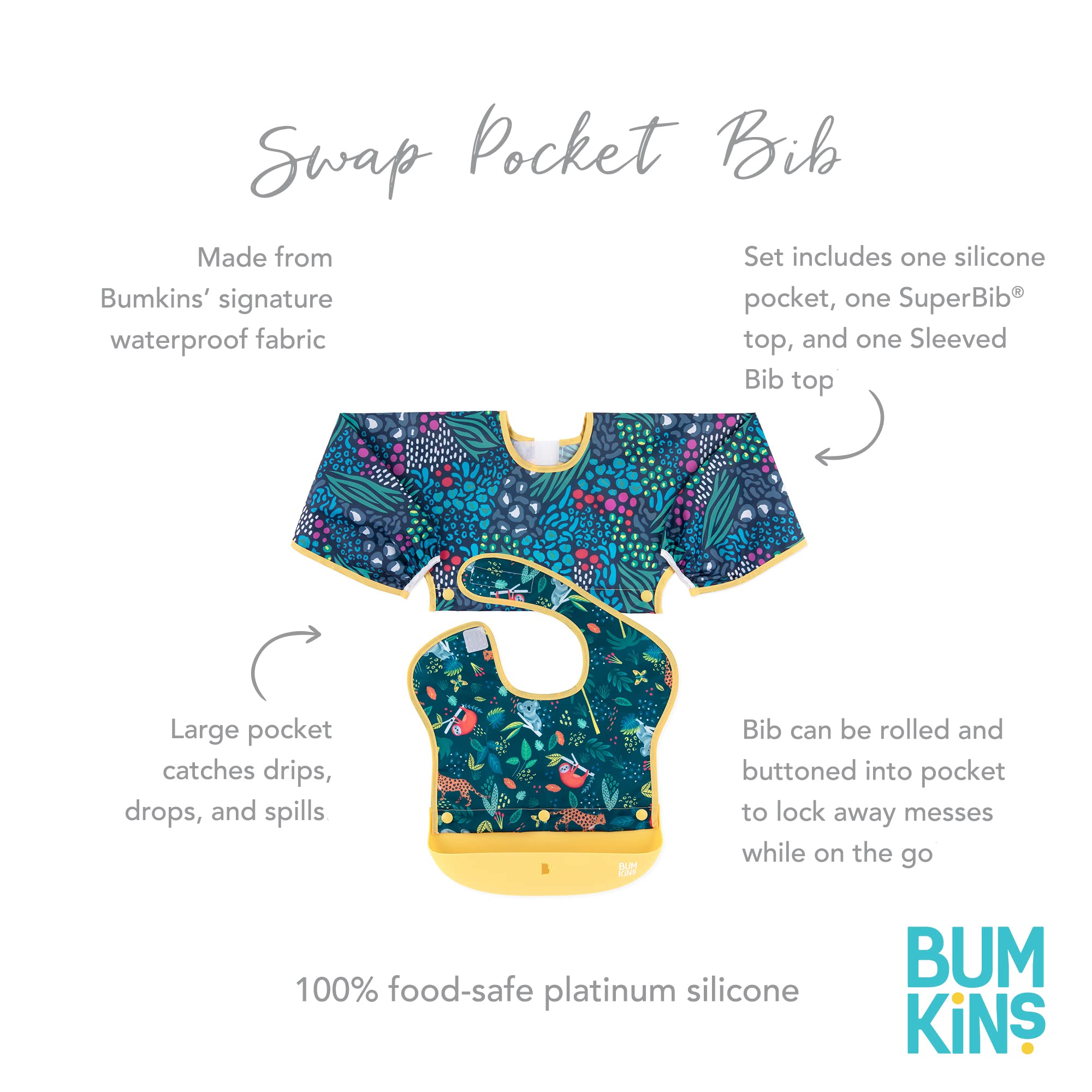 Bumkins Silicone Baby Bibs for Girls & Boys 6-24 Months - Waterproof Feeding Bib with Attachable Pocket & Long Sleeves - Essential for Mess-Free Mealtime, Travel & Daycare Use - Jungle Print Design