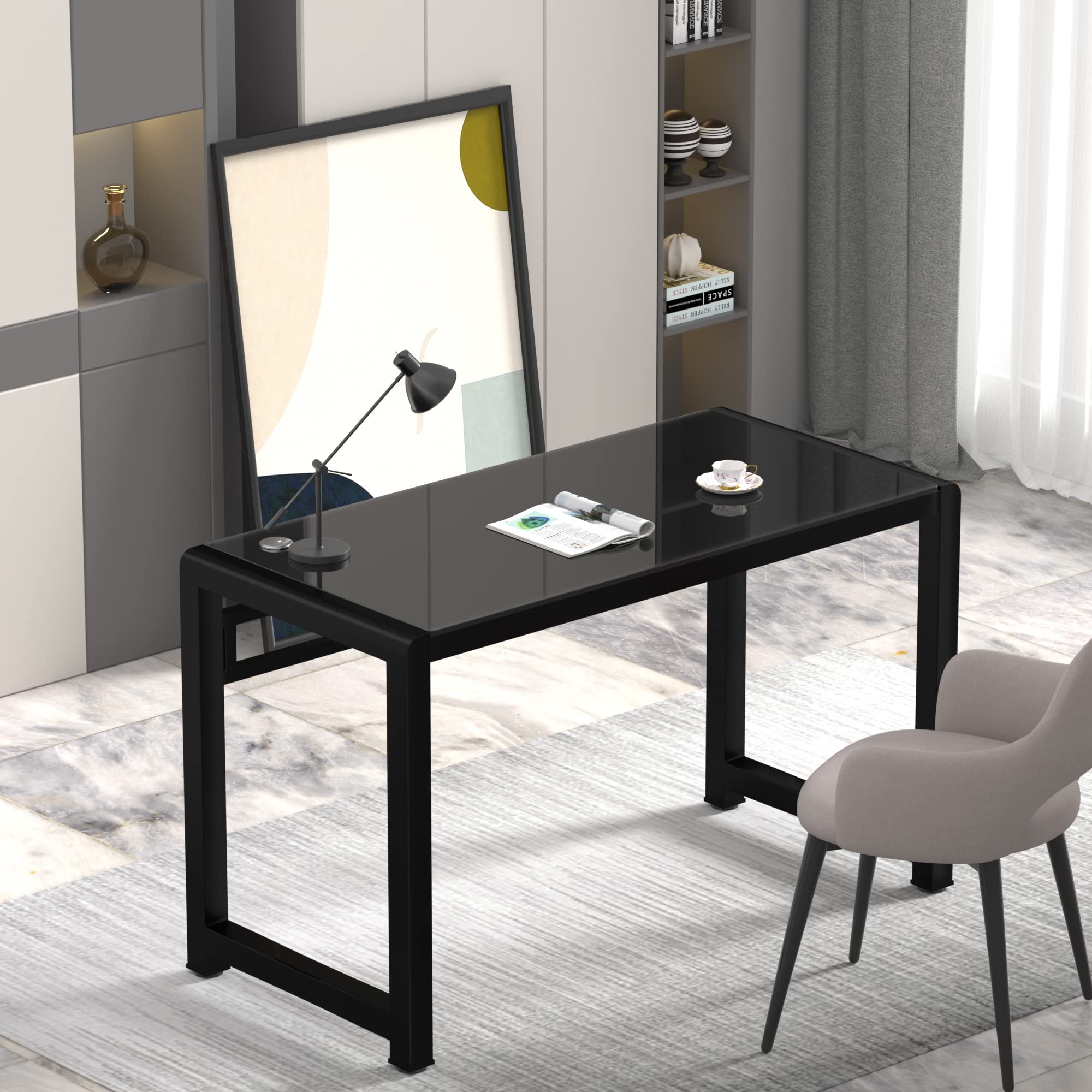 Professional MASAKA Black & White Writing Desk with Tempered Glass Top - 47.25 Inch Modern Study Computer Desk for Home Office, Stable Workstation with Black Metal Frame | Perfect for Remote Work, Online Classes & Creative Workspaces