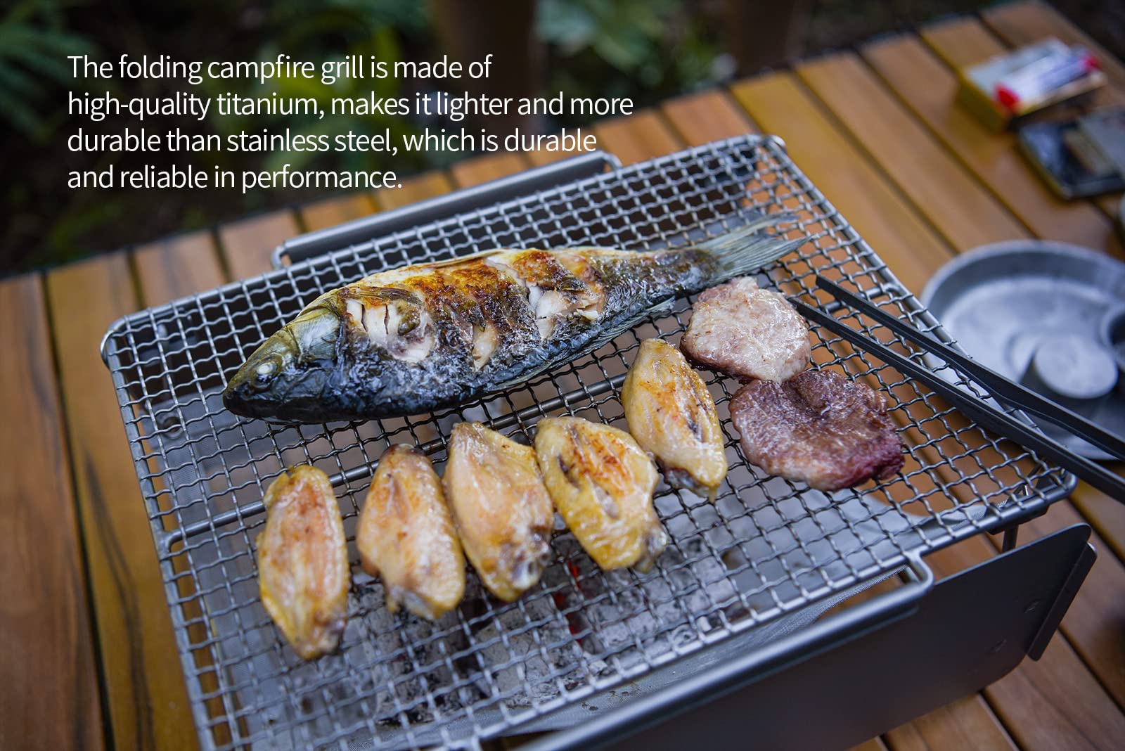 Boundless Voyage Titanium Folding Campfire Grill - Portable 2-in-1 BBQ Charcoal Grill & Camping Table with Collapsible Legs & Frying Plate - Perfect for Outdoor Picnics, Backpacking, and Camping Adventures