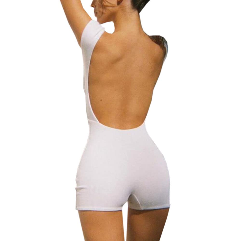Y2K Women's Backless Romper Jumpsuit - Short Sleeve Low Cut U Neck Bodycon Bodysuit Shorts Overall Casual Solid Playsuit | Perfect for Summer Outings, Beach Vacations & Night Parties