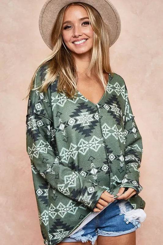 Boho Aztec Print Brushed Out Stitching Detailed Women's Top in Olive Green - Perfect for Casual Outings, Music Festivals & Beach Vacations