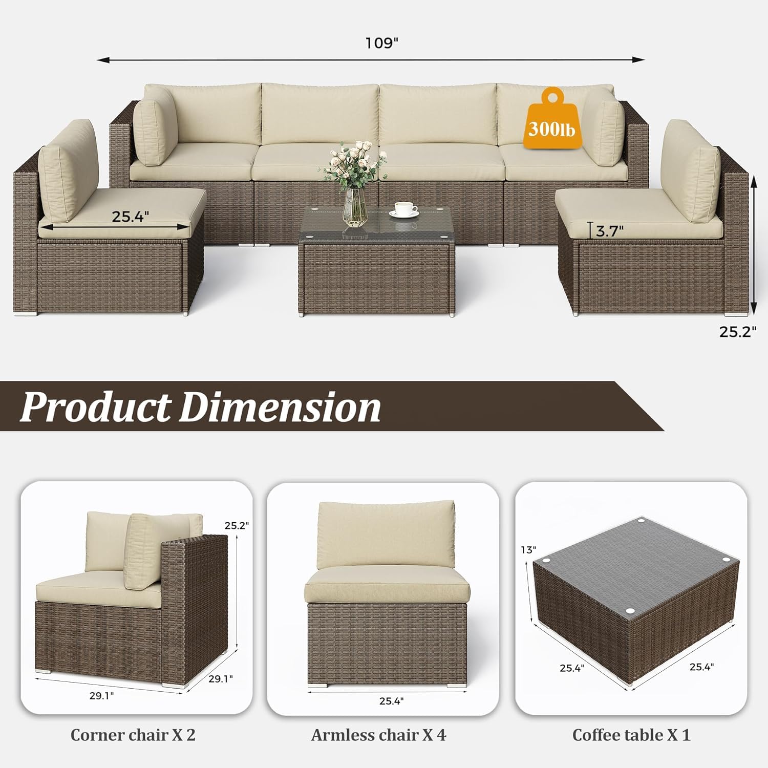 **Sunvivi 7-Piece All-Weather Outdoor Patio Furniture Set - Gray PE Wicker Sofa Couch with Glass Table, Removable Beige Cushions & Brown Rattan - Perfect for Garden, Poolside, and Backyard Relaxation**