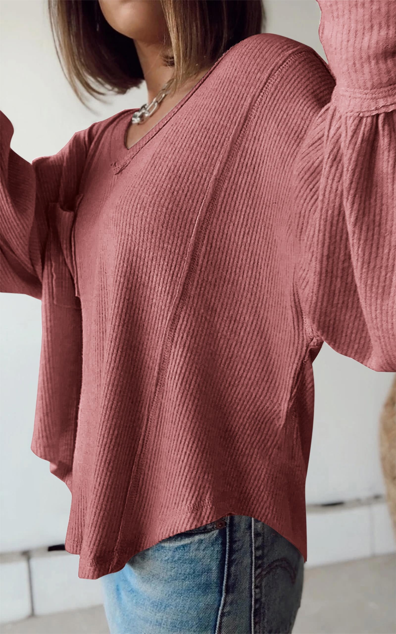 BTFBM Women's Ribbed Long Sleeve T-Shirt - V Neck Pullover Knit Blouse, Loose Fit Tunic Top for Spring & Summer 2025 | Casual Outfits, Layering, Office Wear & Weekend Style