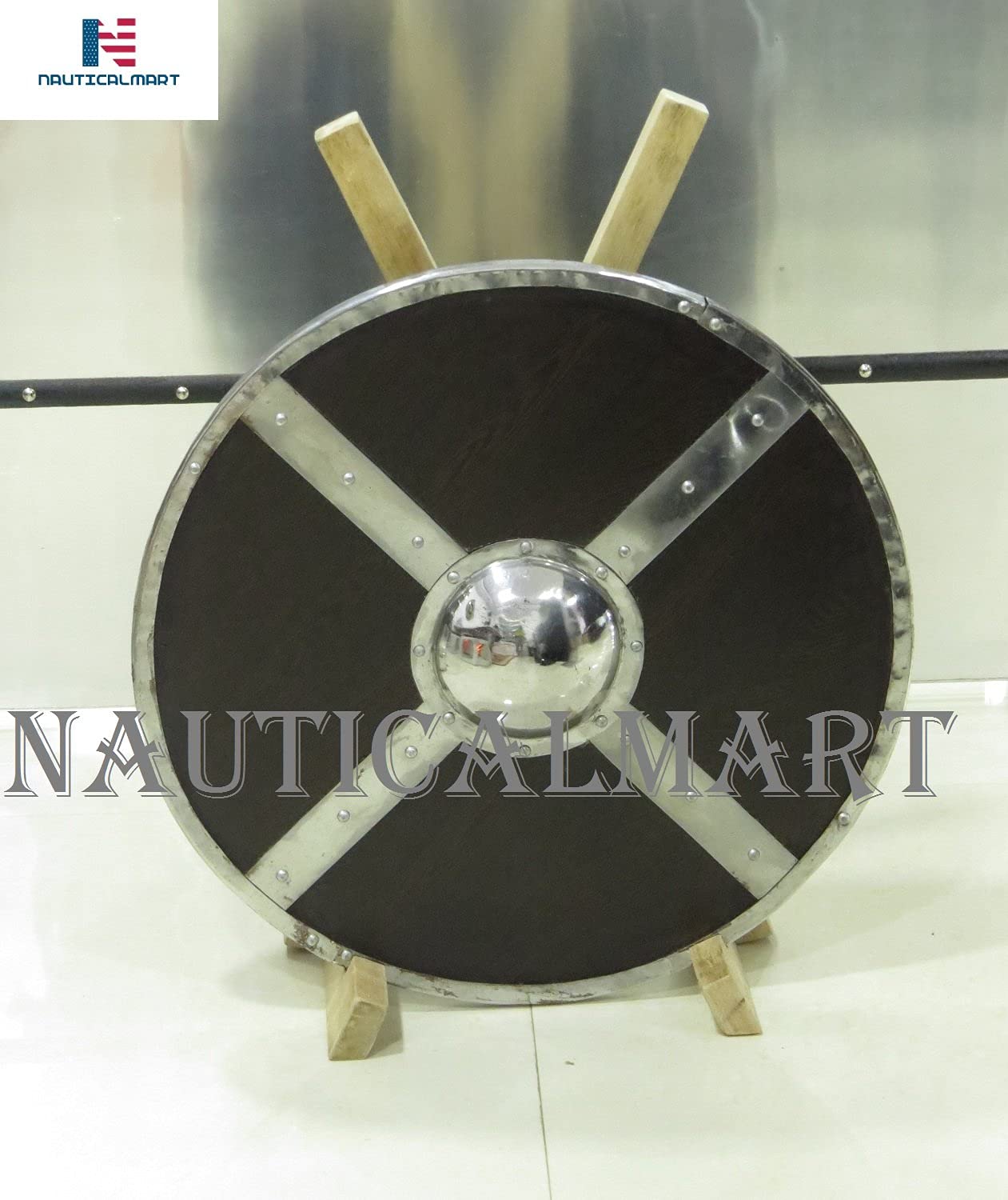 NauticalMart Armor Shield Stand - Premium Wooden Display Stand for Swords, Knives & Collectibles - Perfect for Home Decor, Medieval Themed Rooms & Weapon Collections