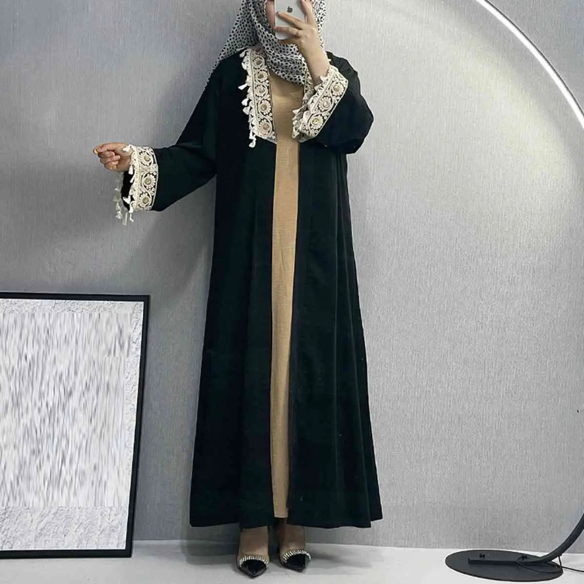 Elegant Muslim Women's Open Abaya Dress with Embroidery Tassel - Modest Islamic Cardigan for Prayer, Eid & Special Occasions