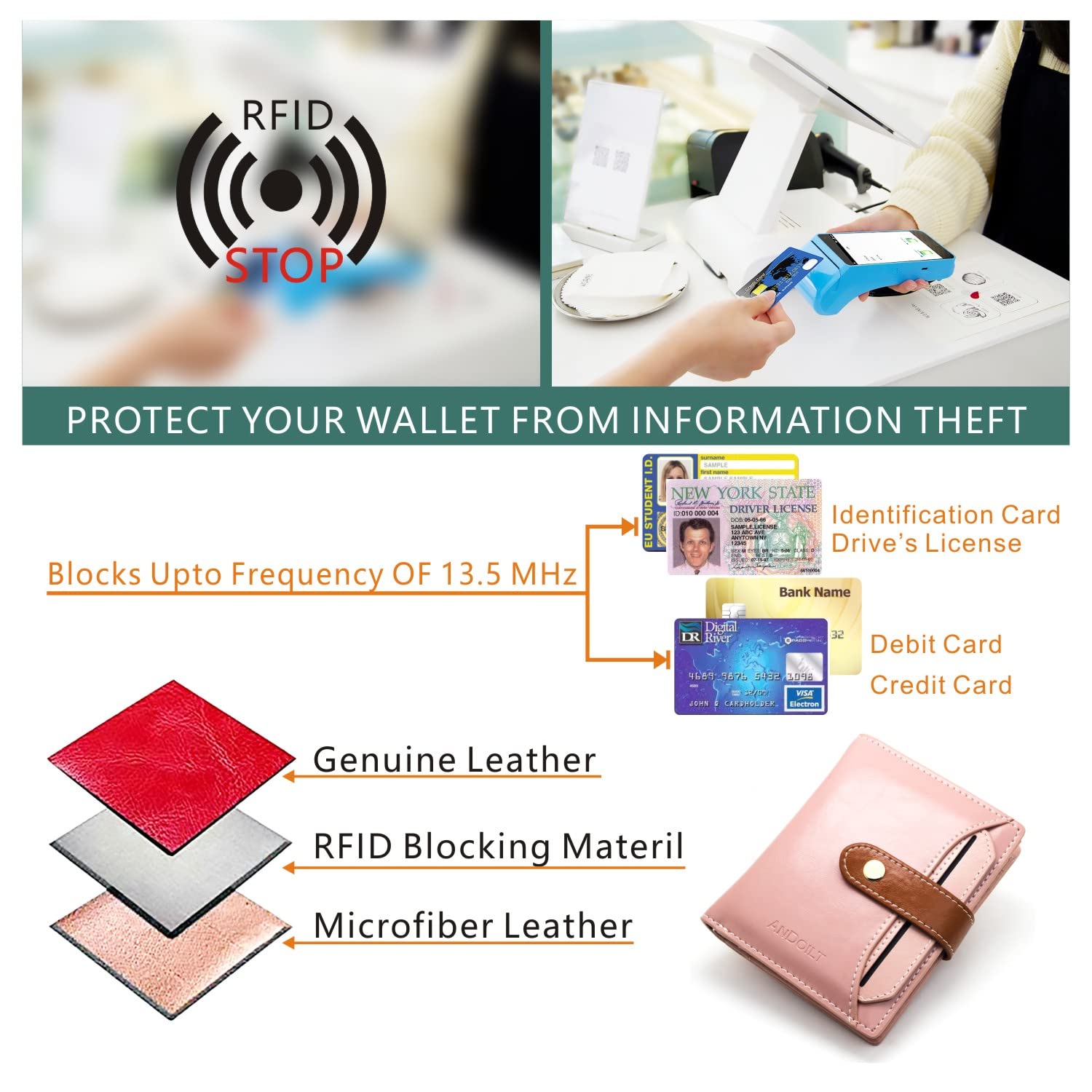 ANDOILT Genuine Leather Women's RFID Blocking Bifold Wallet - Small Slim Card Holder with ID Window & Coin Pocket, Pink | Perfect for Everyday Use, Travel & Gift Giving