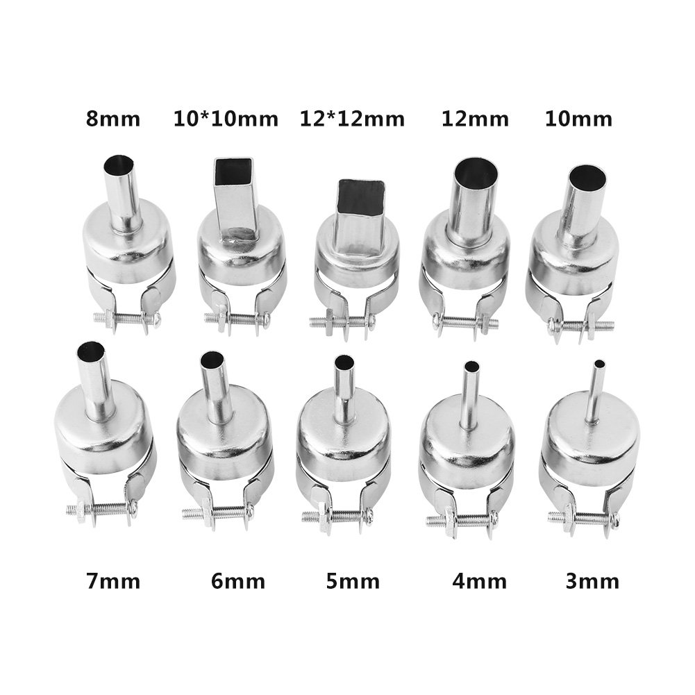 10pcs Heat Gun Nozzle Kit - Round & Square Stainless Steel Nozzles for 850/850A/852/852D Hot Air Soldering Stations - Perfect for Electronics Repair, Welding, and DIY Projects