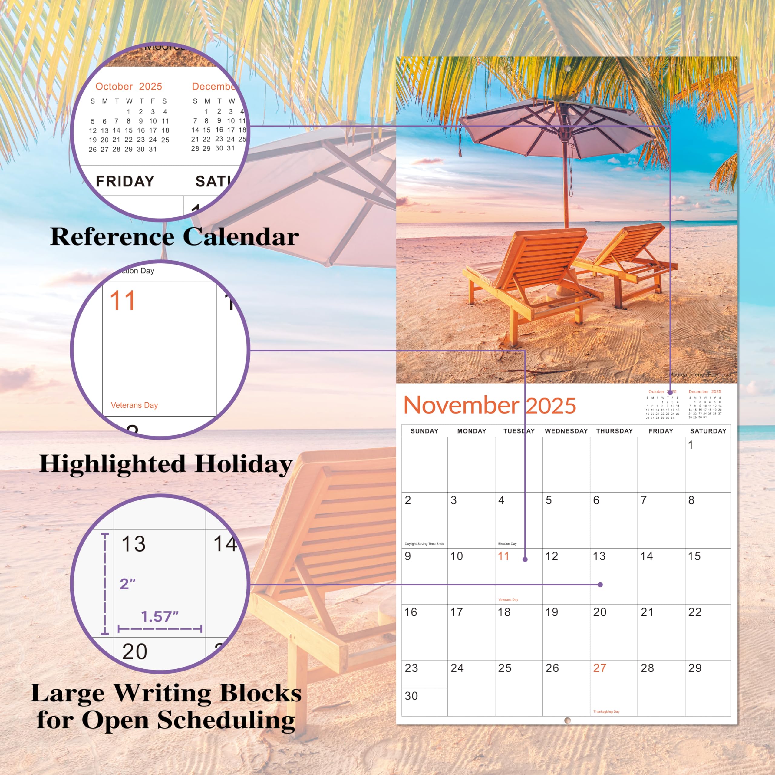 2025-2026 Wall Calendar - 18 Month Planner from July 2025 to December 2026 | 12x24 Inch Open Size | Large Daily Blocks & Holiday Tabs | Beautiful Island Scenery | Perfect for Home, Office & School Organization