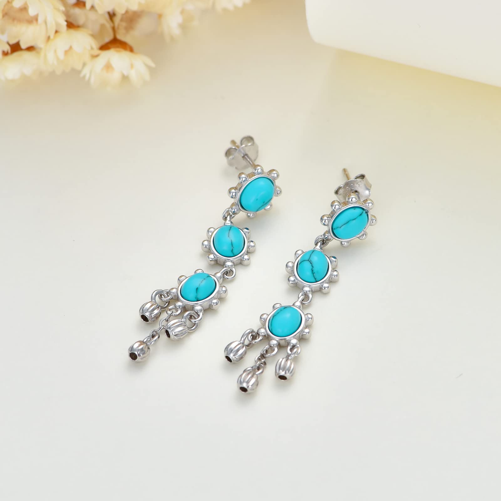 Blue Turquoise Feather Dangle Earrings for Women - Sterling Silver S925 Gemstone Drop Piercing Jewelry | Birthday & Christmas Gifts | Perfect for Boho Fashion, Parties & Special Occasions