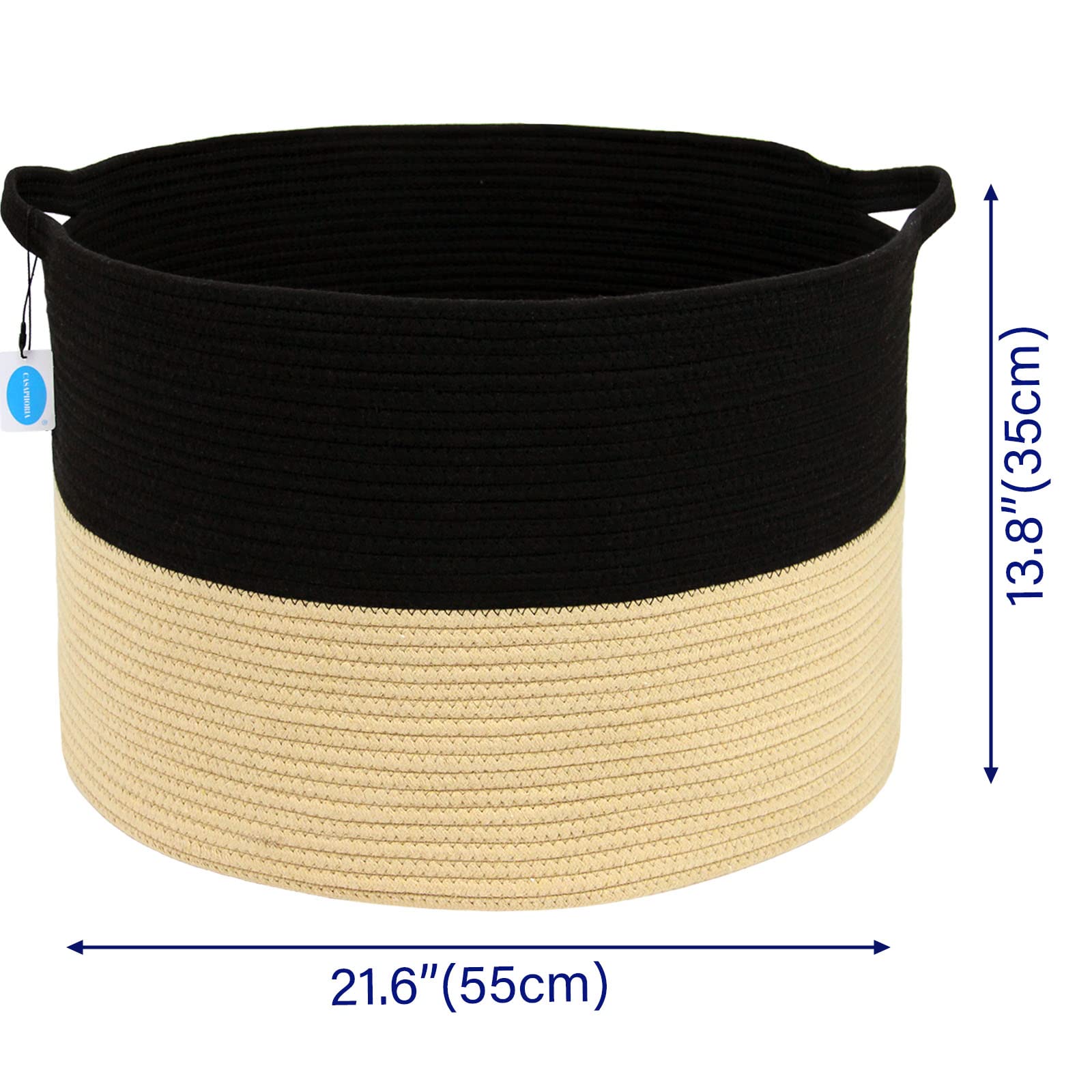 Casaphoria XXXLarge Woven Cotton Rope Basket - 21.7x21.7x13.8 Inch Laundry Hamper, Blanket Storage Bin with Handles for Comforters, Cushions & Clothes | Perfect for Bedroom, Nursery & Bathroom Organization | Black & Brown