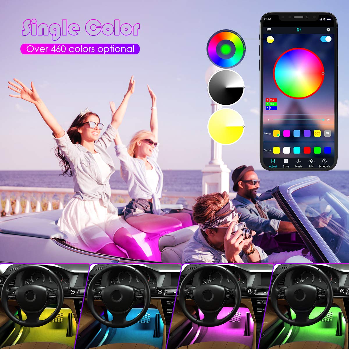 YiLaie RGB LED Car Interior Lights with App Control & USB 5V Connector - Customizable Ambient Lighting for Cars, Trucks, SUVs | Perfect for Night Driving, Car Parties & Vehicle Decoration