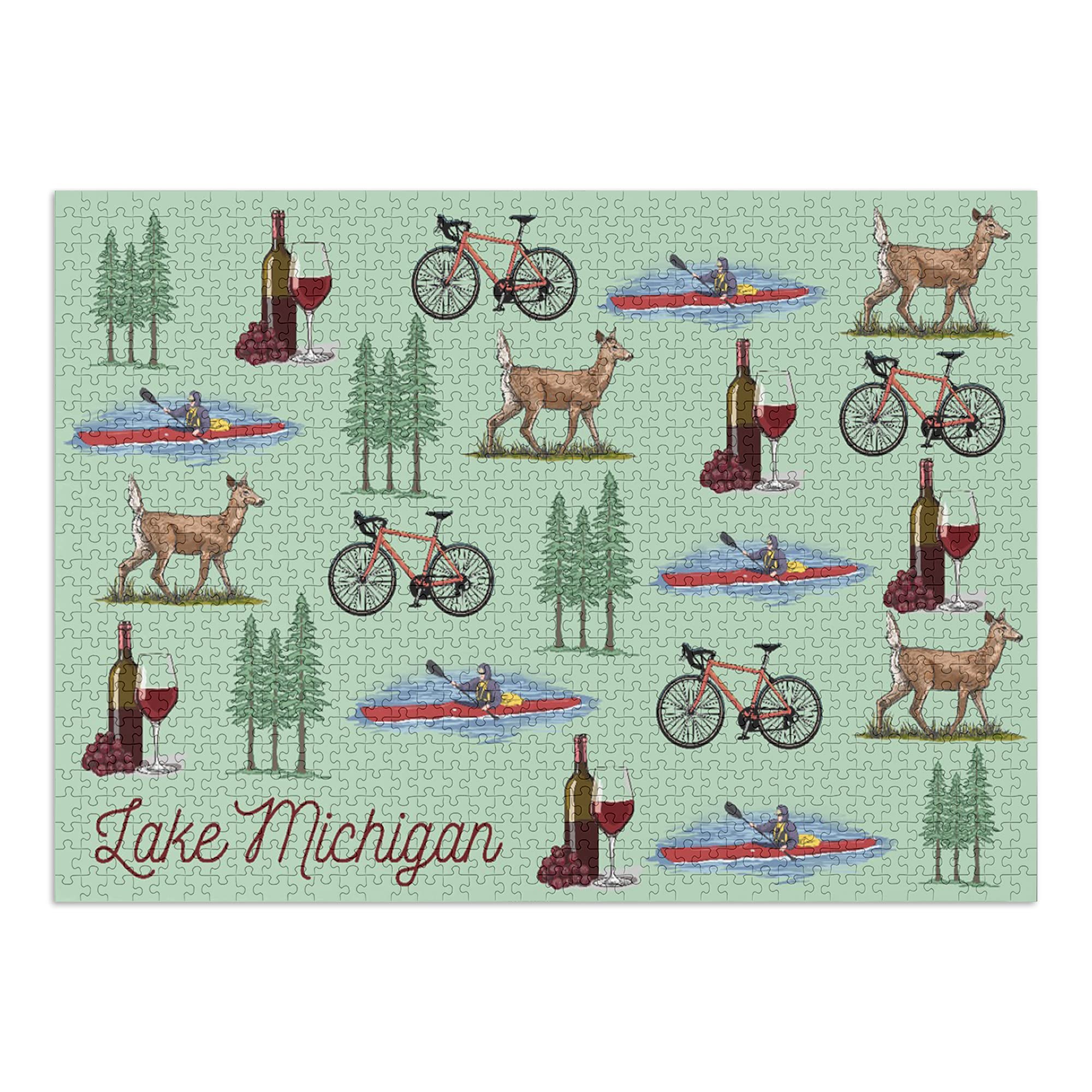 Premium 1000-Piece Lake Michigan Scenic Jigsaw Puzzle - Wine, Bicycle, Deer & Kayak Design (19x28.5 Inches) - Challenging Adult & Family Puzzle Made in USA - Perfect for Relaxation, Game Nights & Home Decor