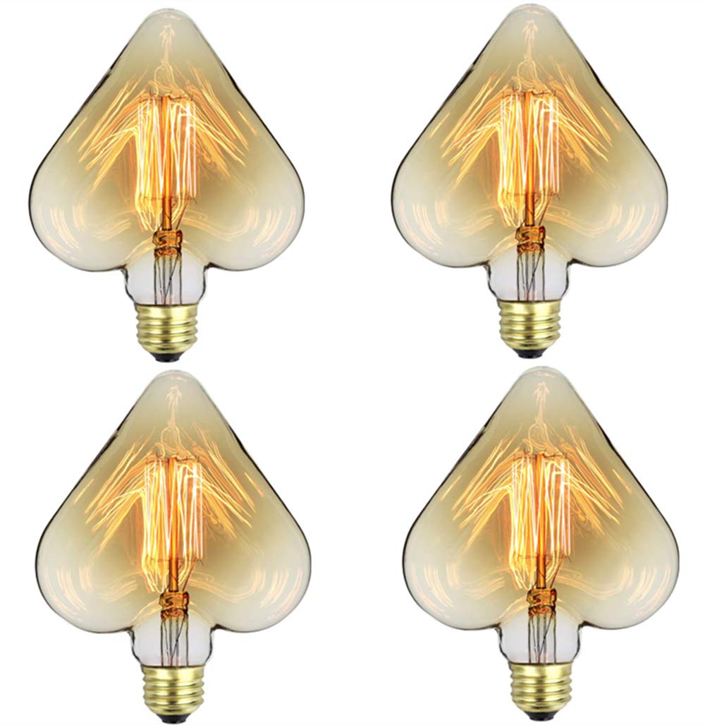 40W Heart Shaped Vintage Edison Bulbs - Squirrel Cage Filament Decorative Lighting, E26/E27 Base (4 Pack) - Perfect for Home Decor, Romantic Dinners & Party Lighting
