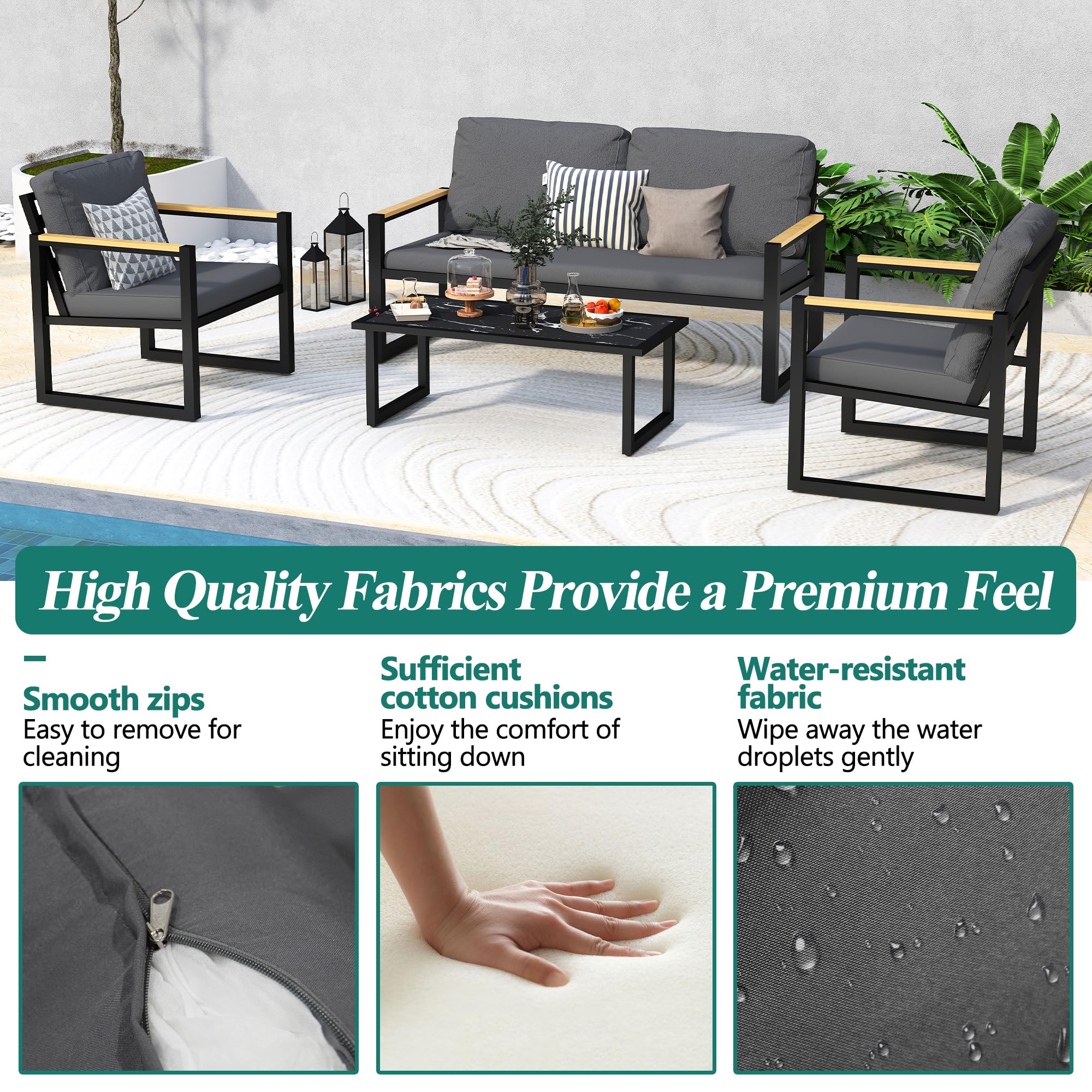4-Piece Outdoor Patio Furniture Set - Aluminum Conversation Sofa with Coffee Table & Cushioned Chairs - Durable Garden, Backyard, Porch, Lawn, Poolside & Deck Set for Relaxing & Entertaining