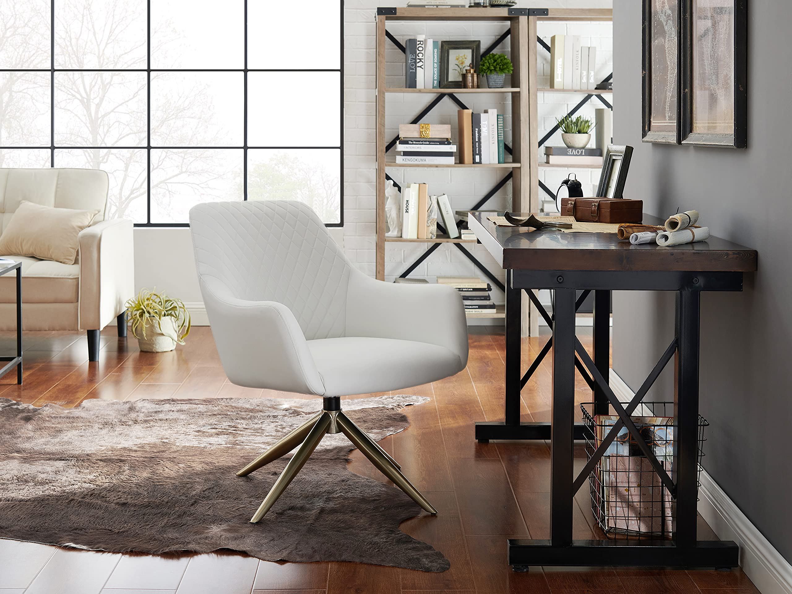 Art Leon Mid Century Modern Swivel Office Desk Chair - No Wheels Faux Leather Accent Armchair for Small Spaces, Bedroom or Home Office - Set of 2 White Chairs - Perfect for Compact Living Rooms, Dormitories & Cozy Workspaces