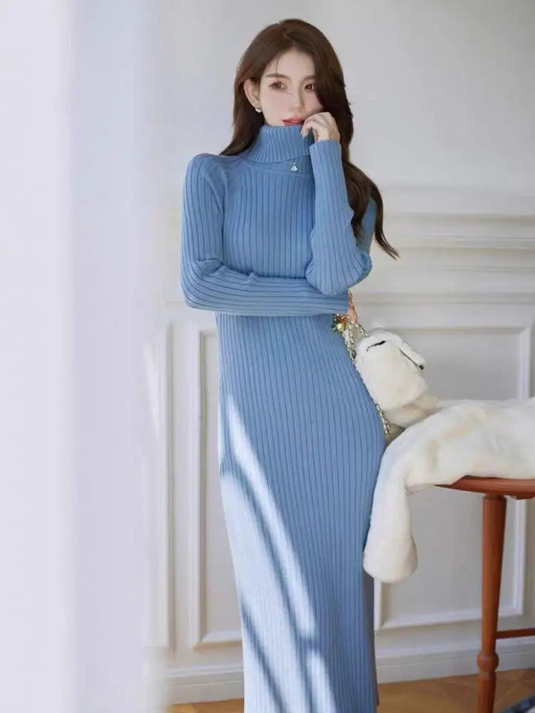 Women's White & Black Knit Sweater Dress - Long Sleeve Turtleneck Wrap Hip Dress for Fall Winter | Casual Office Wear & Holiday Outfit