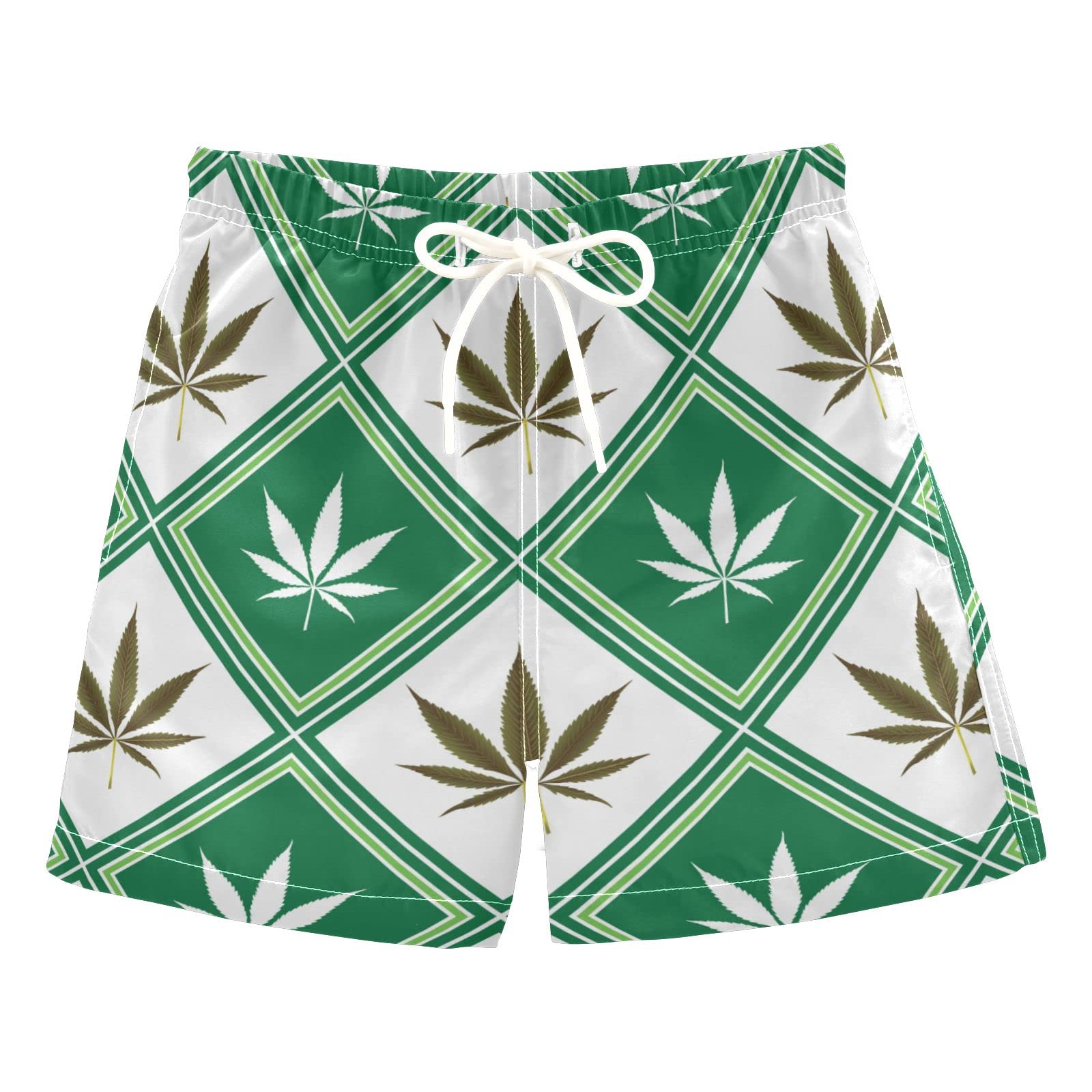 AMICHIC Boys' Green and White Leaf Print Swim Trunks - Quick-Dry Board Shorts for Beach, Surf & Pool - Hawaii Vacation Essentials for Kids