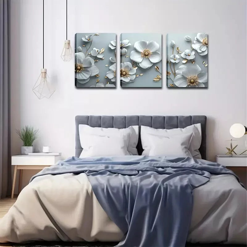 3D White Flowers Wall Art Set - 3 Piece Framed Canvas Prints 40x60cm | High Quality Australian Made | Ready to Hang | Perfect for Living Room, Bedroom & Office Decor