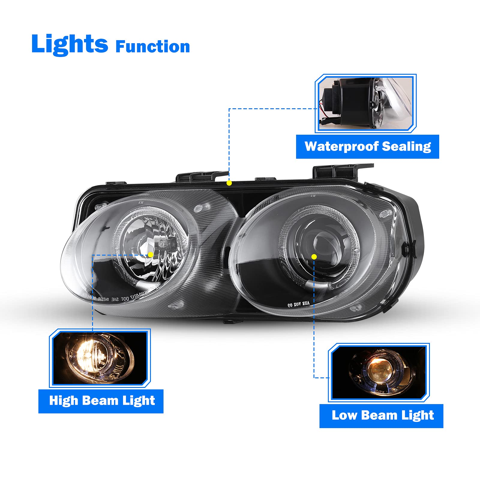 WOLFSTORM Halo Projector Headlight Assembly for 1998-2001 Acura Integra - Replacement Headlights with LED Halo Rings - Perfect for Night Driving & Car Upgrades