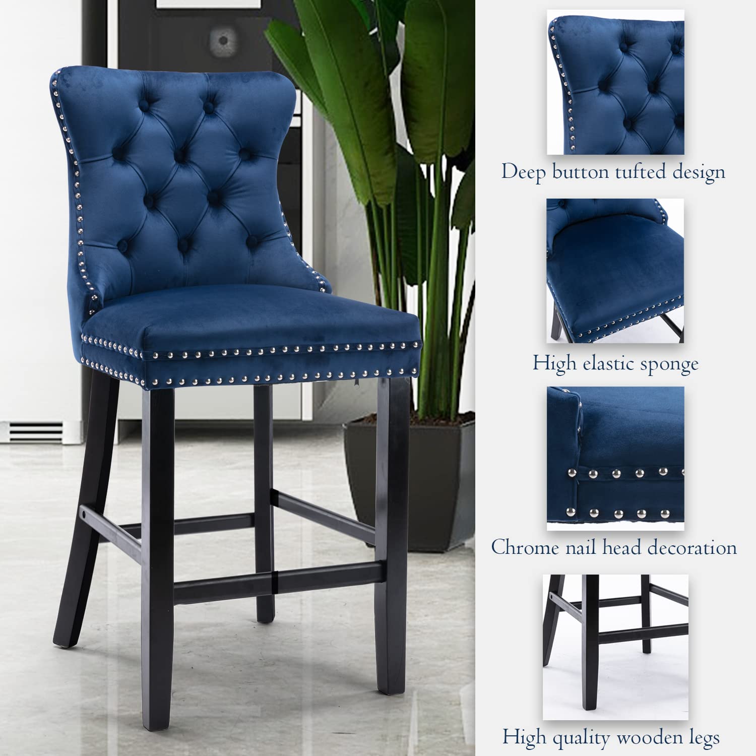 SoarFlash Modern Velvet Upholstered Bar Stools Set of 2 - Wood Legs, Button Tufted, Chrome Nailhead Trim, Armless Counter Height Stools for Kitchen Island, Breakfast Bar & Home Decor (Blue)