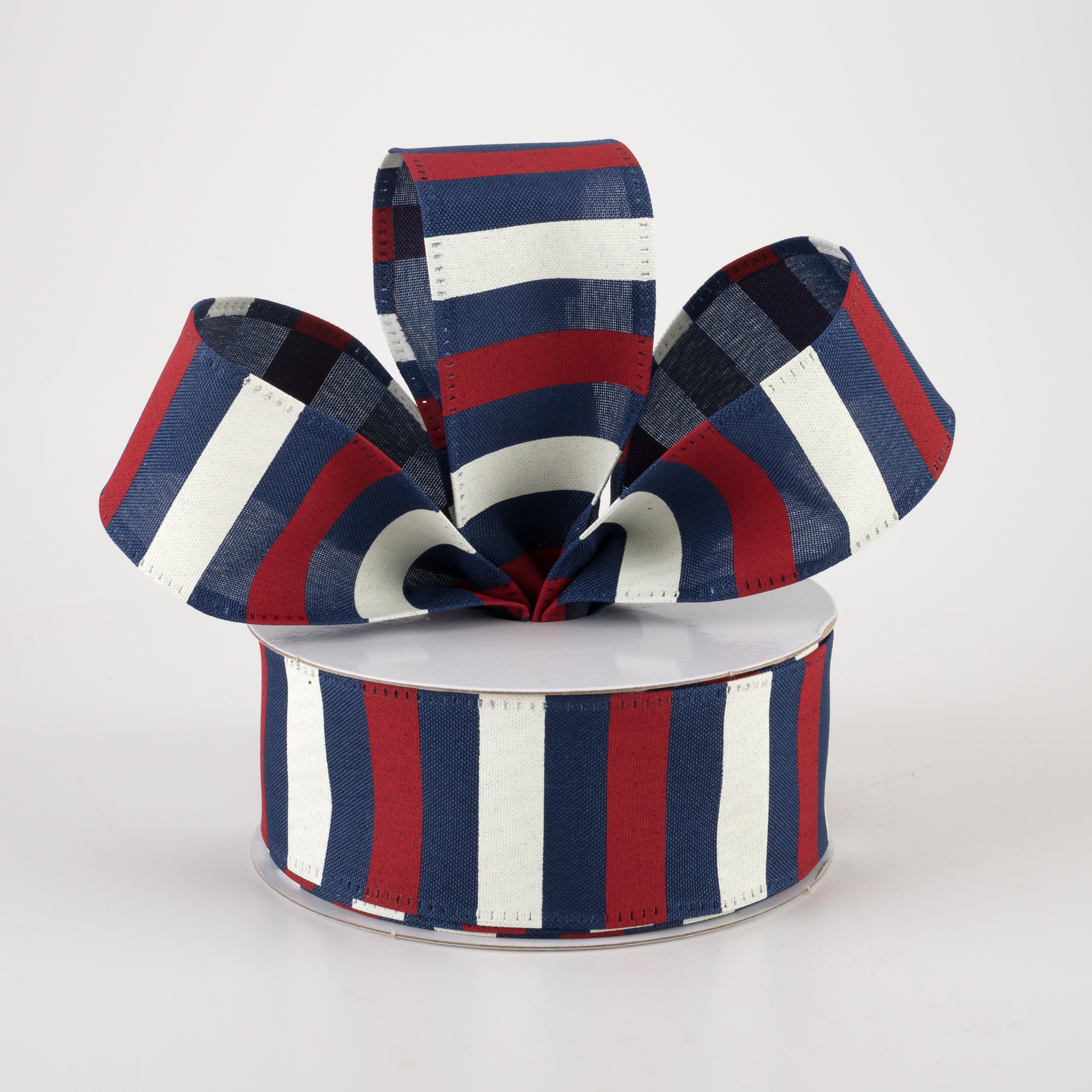 1.5 Inch Horizontal Stripes Satin Ribbon - Red & Ivory on Navy Blue (10 Yards) for Gift Wrapping, Wedding Decor, DIY Crafts & Hair Bows