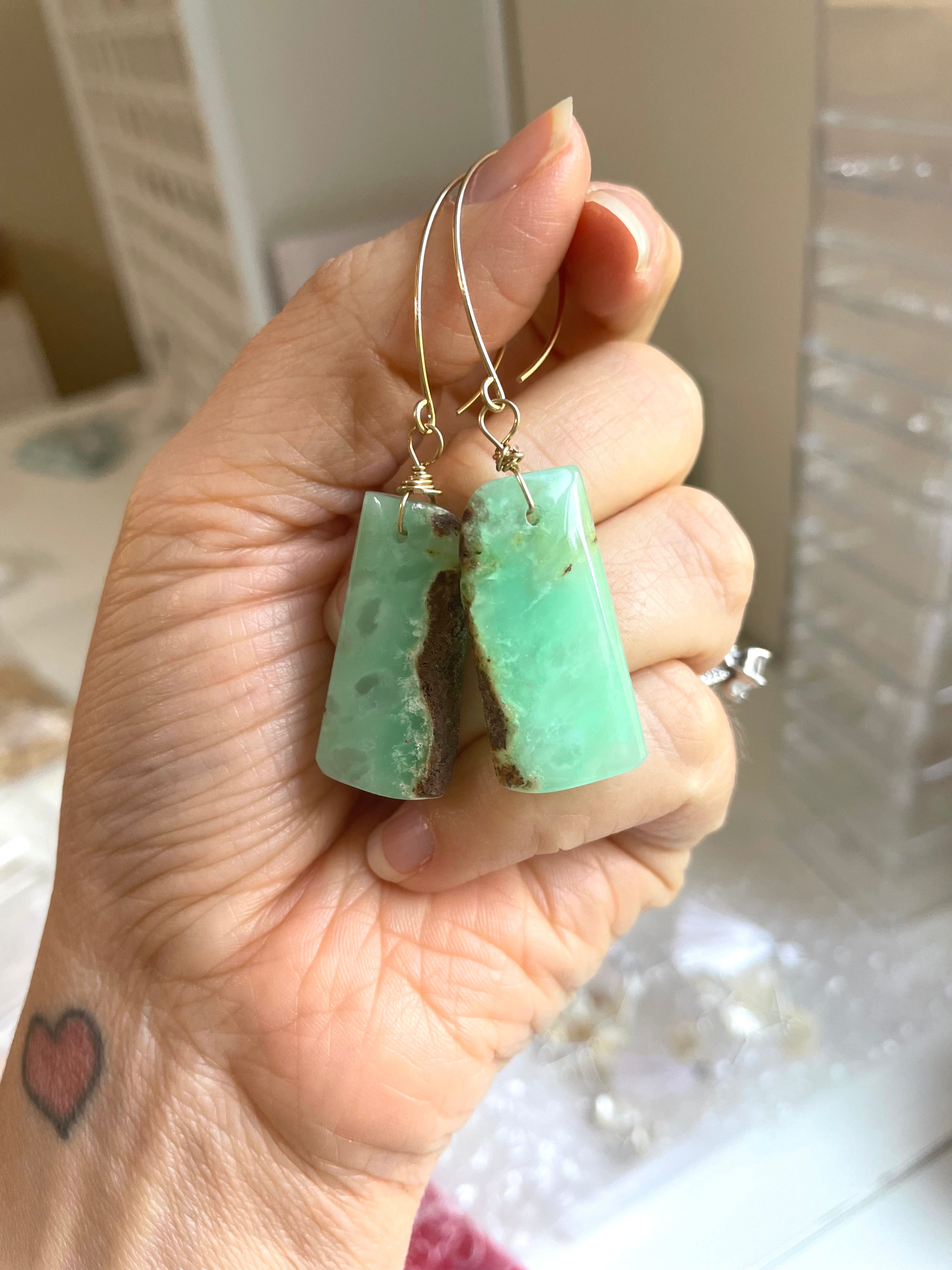 Green Chrysoprase Gold Filled Statement Crystal Gemstone Earrings for Women | Elegant Dangle Drop Earrings for Party, Wedding & Special Occasions