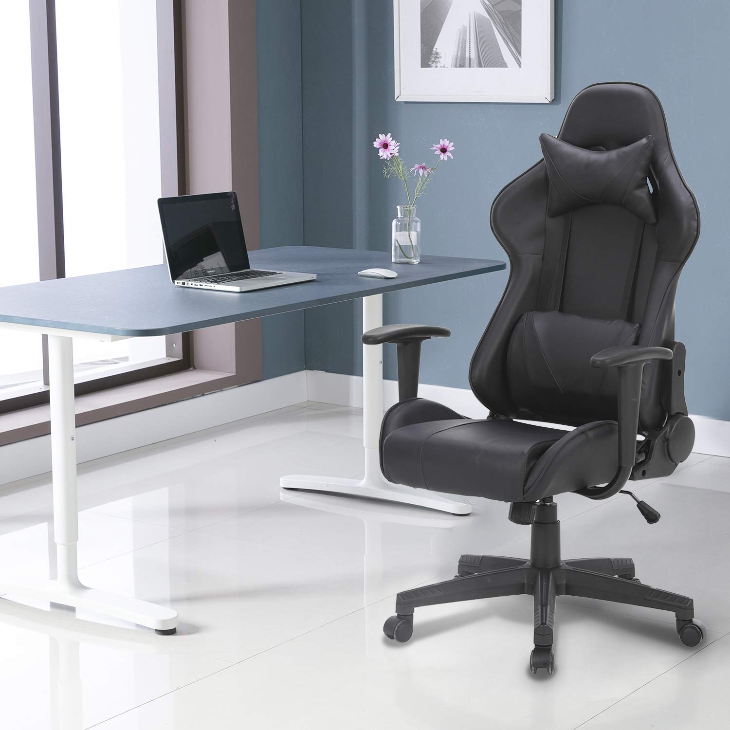Premium Ergonomic Gaming Chair with Massage & High Back Support - Adjustable Height, Reclining PU Leather Office Computer Chair for PC Gamers & Home Office (Black) - Perfect for Long Gaming Sessions, Streaming & Remote Work