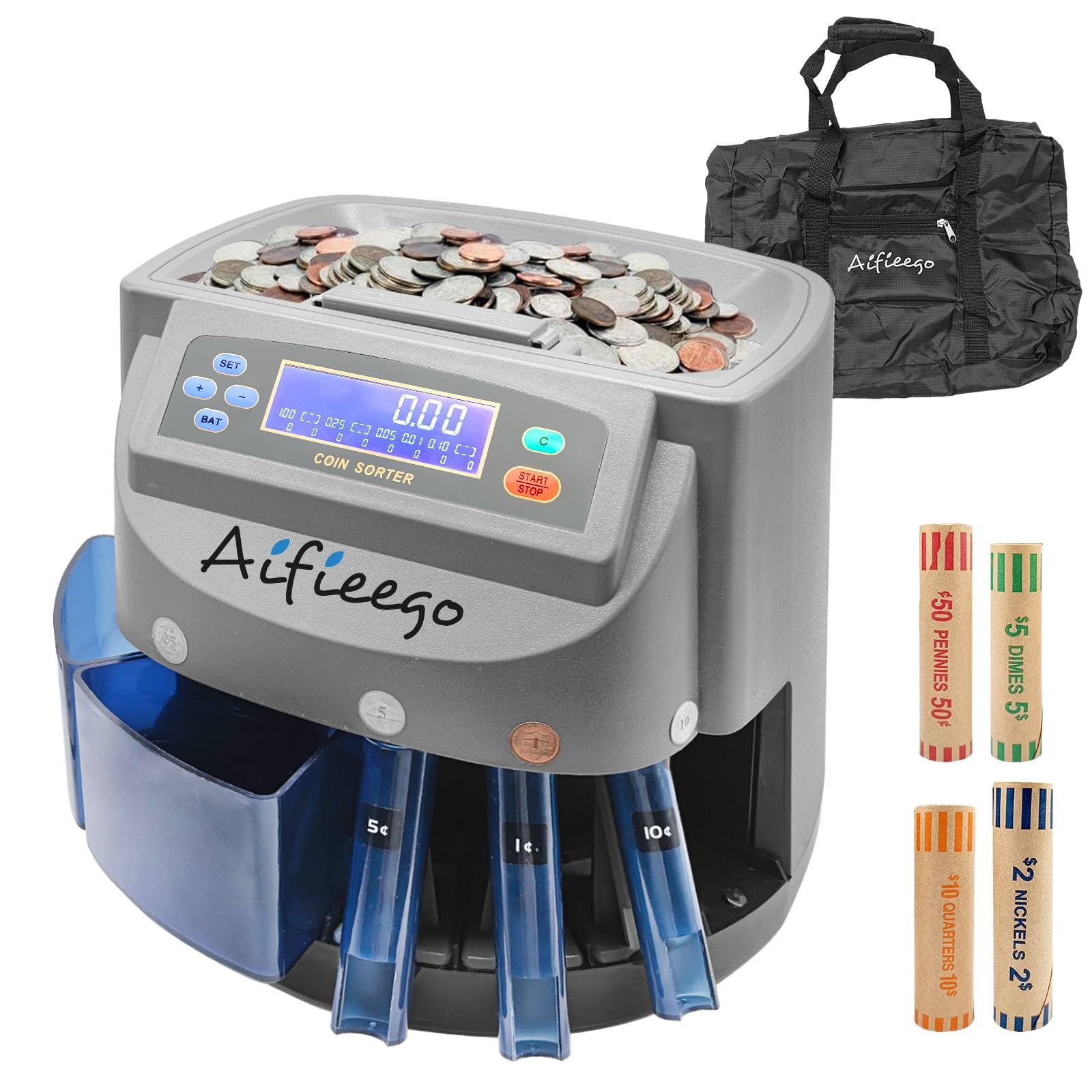 Automatic Coin Counter Sorter Machine with 48 Coin Wrappers - Digital Money Counting & Rolling Machine for US Coins (Grey) - Perfect for Banks, Retail Stores, and Home Coin Organizing