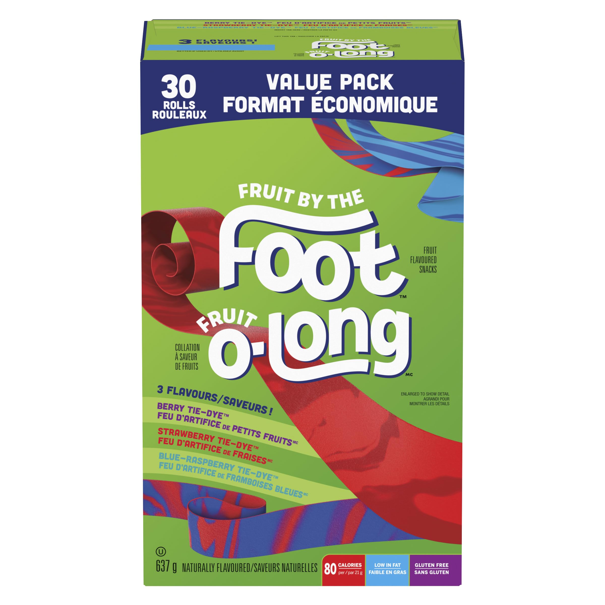 Betty Crocker Fruit by the Foot Value Pack - 30 Rolls of Strawberry, Blue Raspberry & Berry Tie-Dye Fruit Flavored Snacks (637g) | Kids Lunch Box, School Snacks & Party Treats