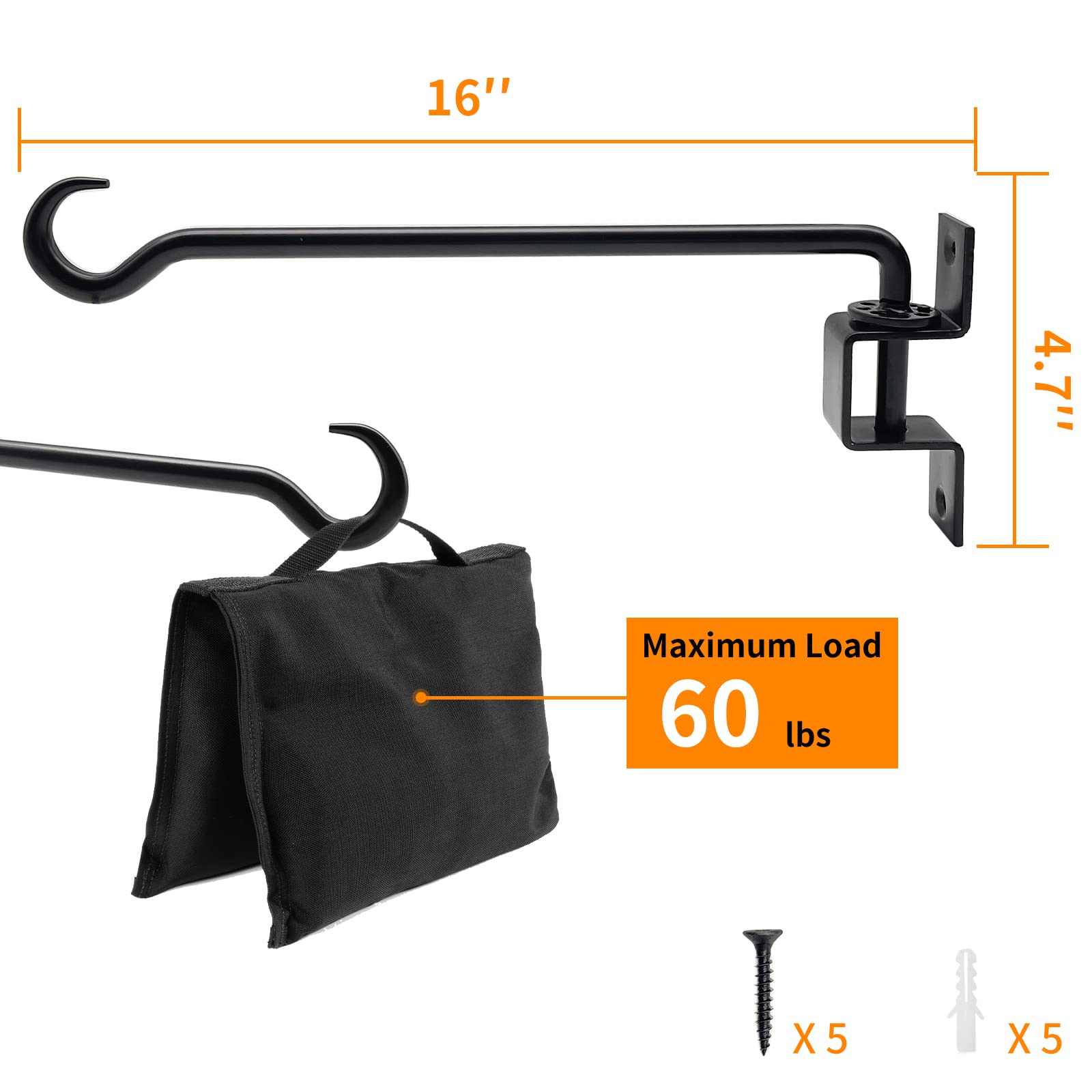 16 Inch Heavy Duty Black Iron Swivel Plant Hangers (2 Pack) - Outdoor Hanging Hook Bracket for Flower Pots, Baskets, Bird Feeders, Lanterns & Wind Chimes - Perfect for Patio, Garden, Porch & Balcony Decor