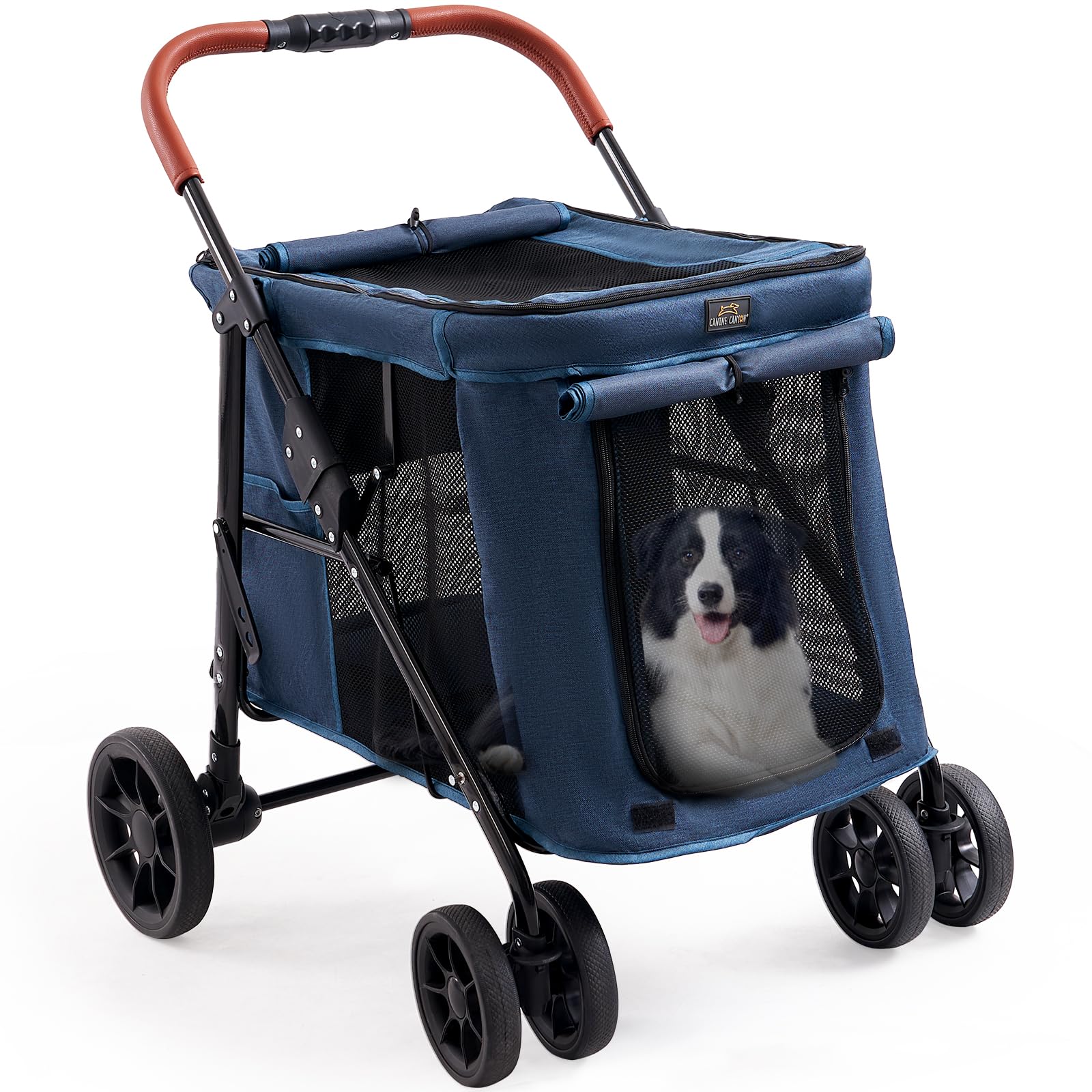 Upgraded 4 Wheel Pet Stroller for Small & Medium Dogs - One Button Fold, Adjustable Mesh Windows & Shades, 360° Swivel Front Wheels with Rear Wheel Brake | Perfect for Outdoor Walks, Park Visits & Vet Appointments