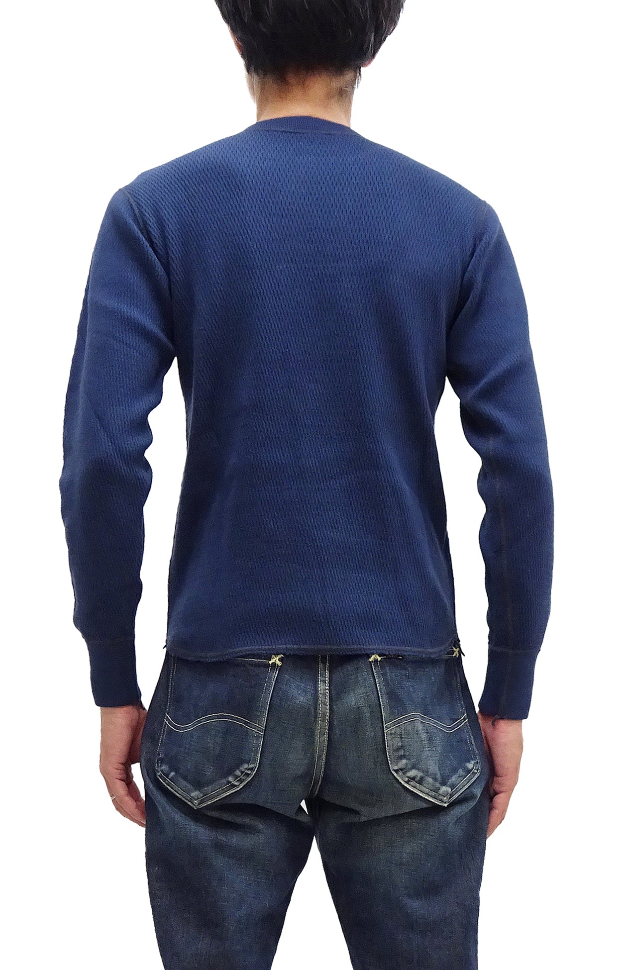 Buzz Rickson Men's Waffle Knit Thermal Long Sleeve T-Shirt - Navy Blue Crew Neck Casual Tee BR63755 | Warm Winter Layering & Outdoor Activities
