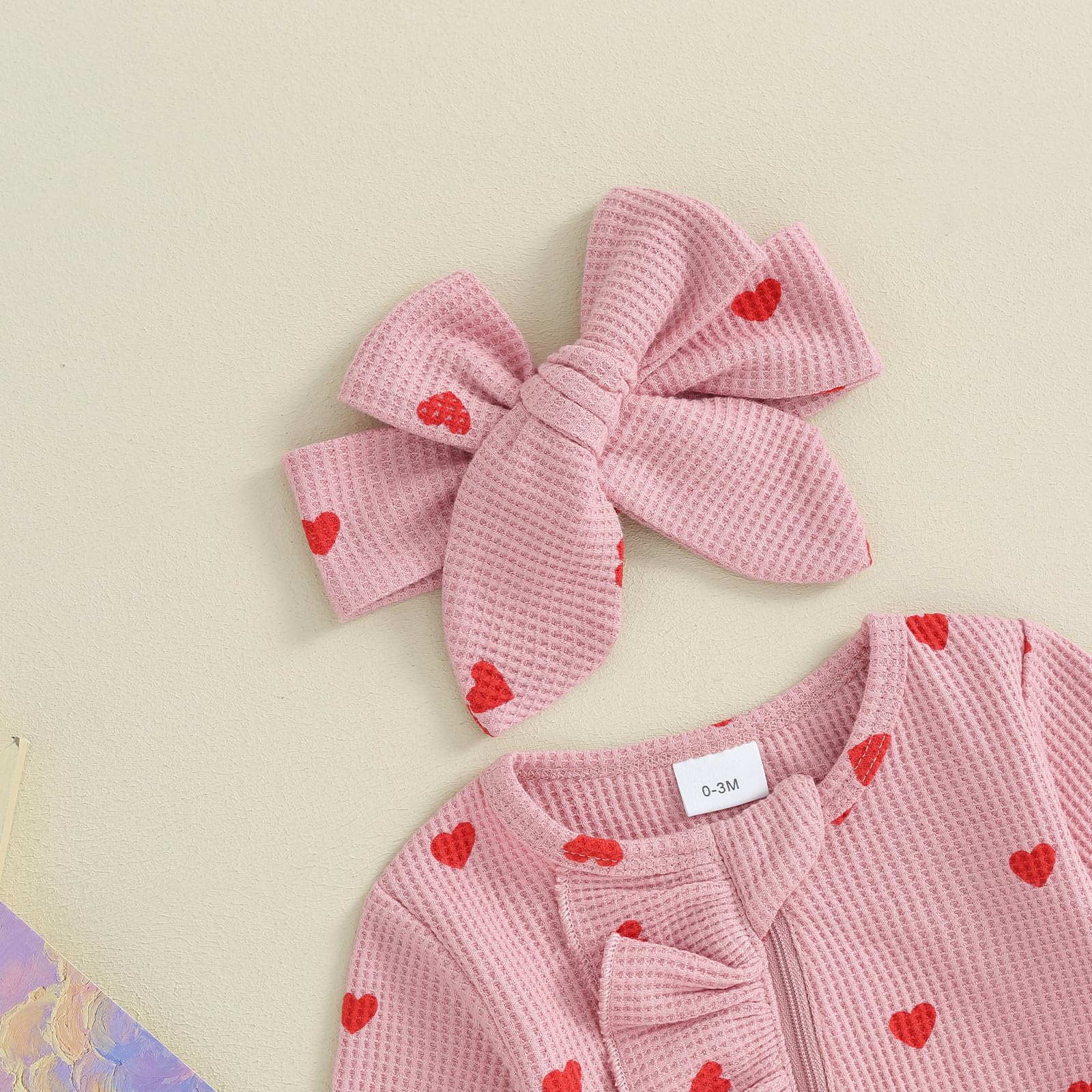 Valentine's Day Baby Girl Outfit - Heart Ruffle Long Sleeve Footie Romper & Headband Set | Newborn Photoshoot, Holiday Party, Family Gathering