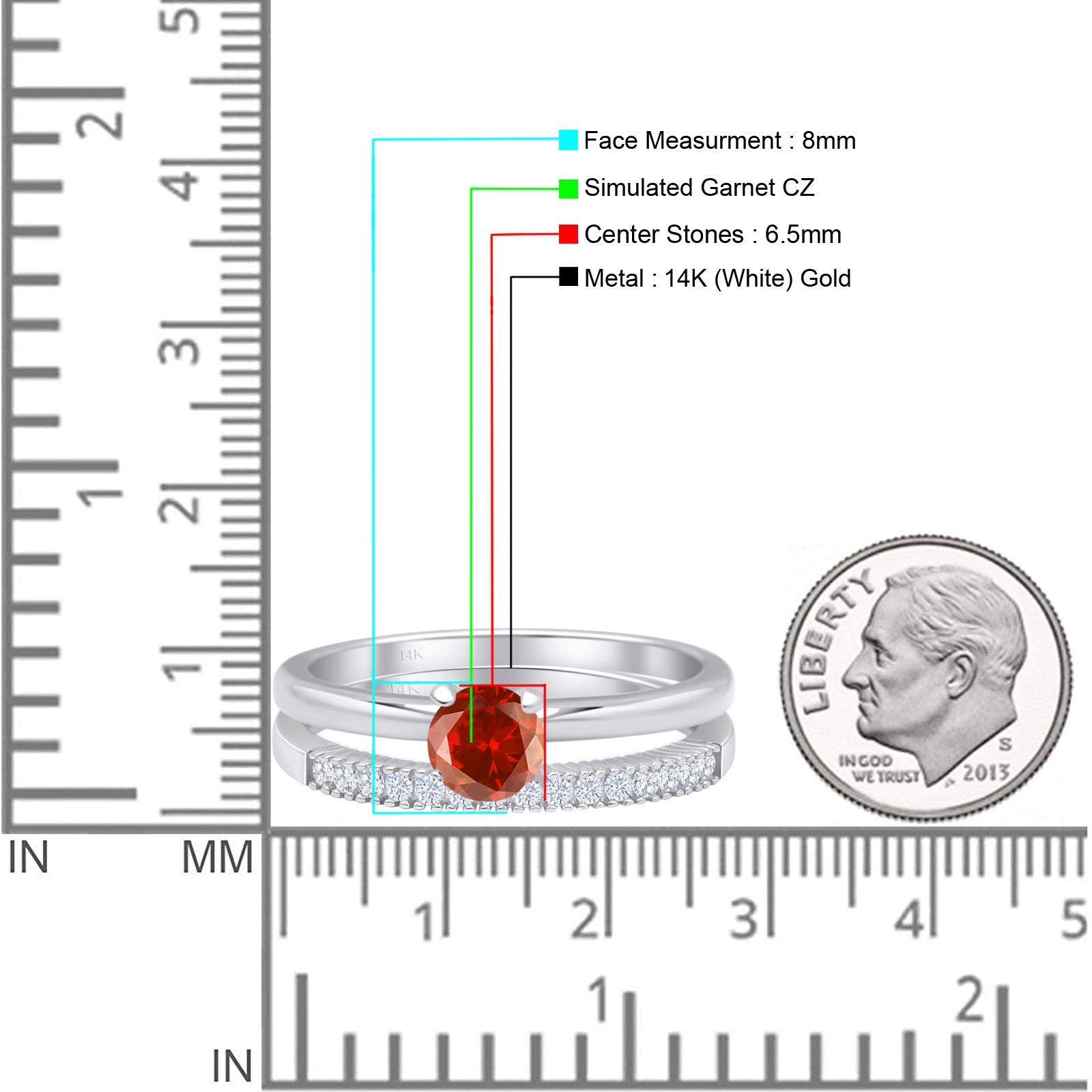 14K White Gold Round Solitaire & Half Eternity Band Garnet CZ Bridal Ring Set - Perfect for Weddings, Anniversaries & Special Occasions
