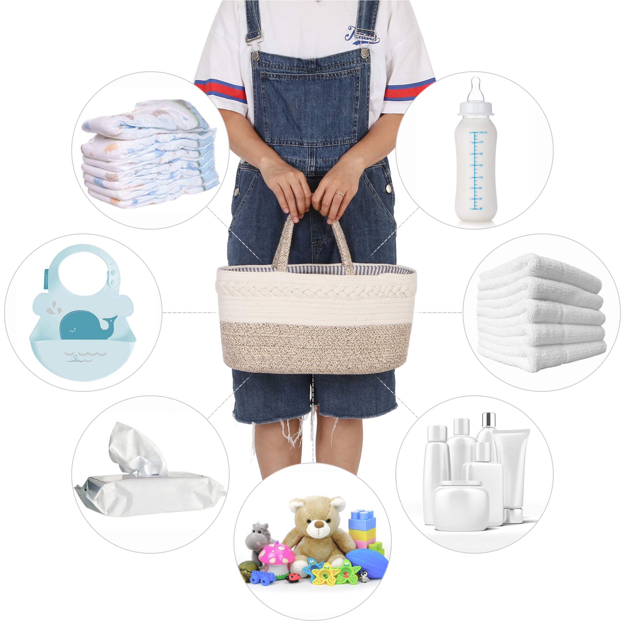 Hinwo Baby Diaper Caddy Organizer - 3 Compartments Portable Nursery Storage Basket for Newborn Essentials, Diapers, Wipes & Baby Shower Gifts | Detachable Cotton Divider, Car & Home Use