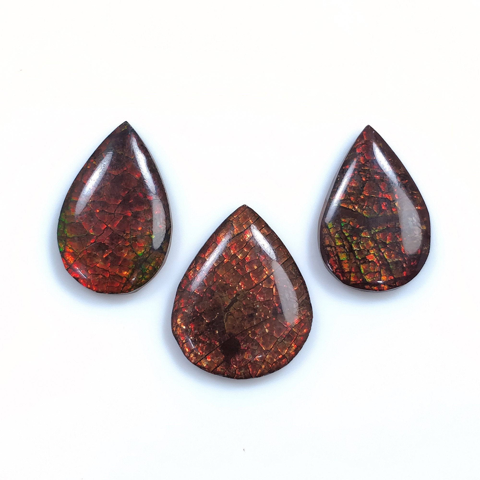 Natural AMMOLITE Gemstone Cabochon - 29.20cts Bi-Color Fossilized Shell Pear Shape (21x14mm & 22x17mm, 3pcs) with Video - Perfect for Jewelry Making, Collecting & Healing Crystals