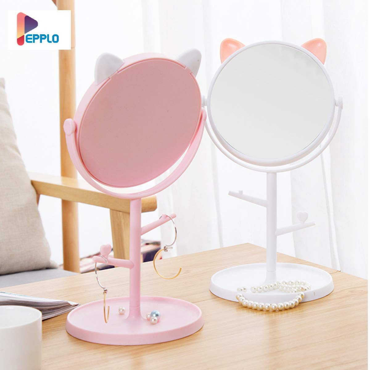 Pepplo White Round Framed Glass Tabletop Cat Shape Makeup Mirror - Adjustable Rotating Vanity Mirror for Bathroom, Bedroom & Dressing Table (Free Standing, 1 Piece) - Perfect for Makeup, Shaving & Home Decor