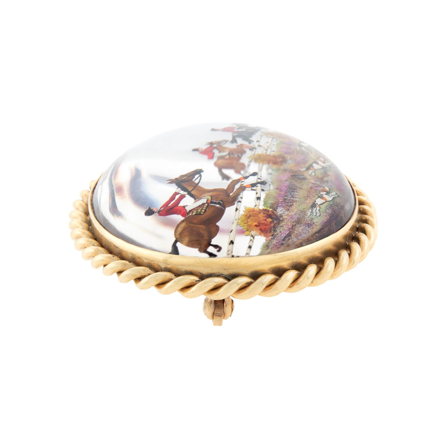 Vintage 14kt Gold Reverse Carved Essex Crystal Fox Hunt Brooch Pin - Elegant Equestrian Jewelry for Fox Hunting Enthusiasts & Horse Riders