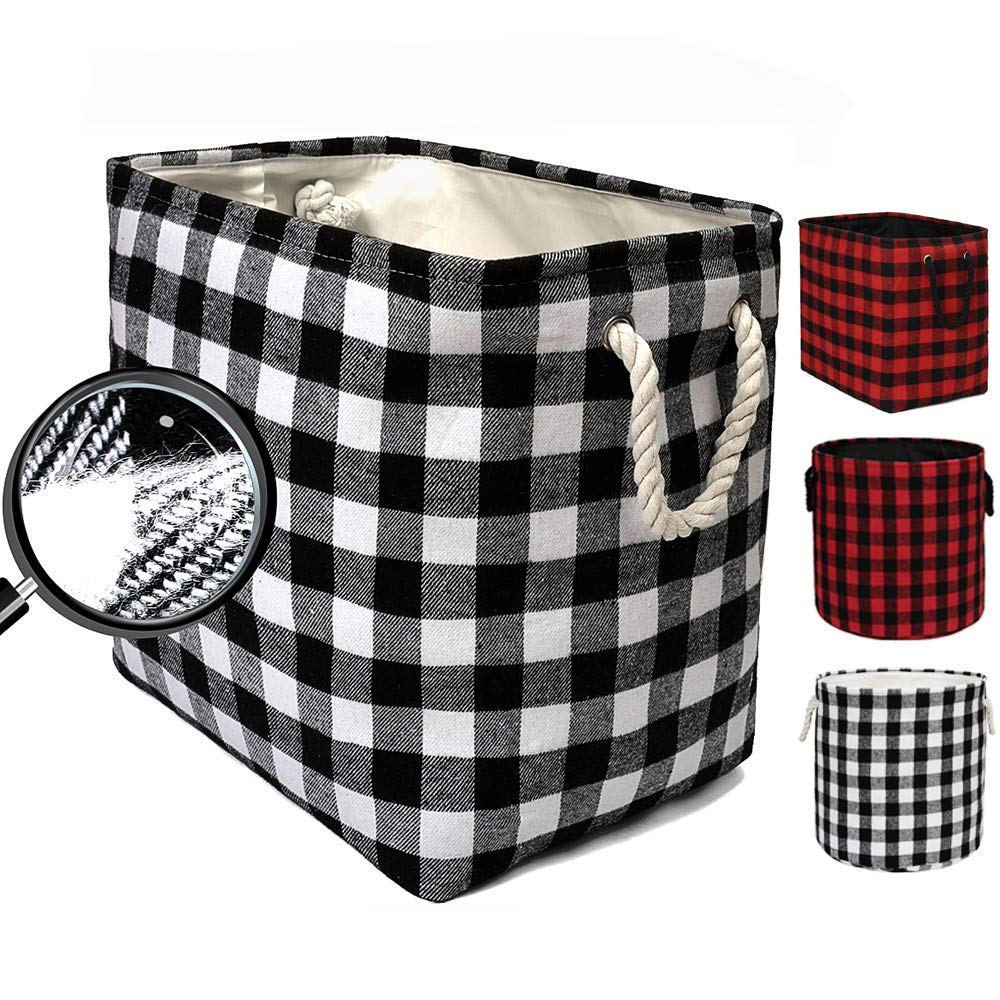 Large Foldable Rectangular Storage Bins with Buffalo Grid Pattern & Rope Handles - Decorative Laundry Hamper Basket for Blankets, Toys, Nursery Organization (White Black Grid) - Perfect for Bedroom, Closet & Kids Room Storage