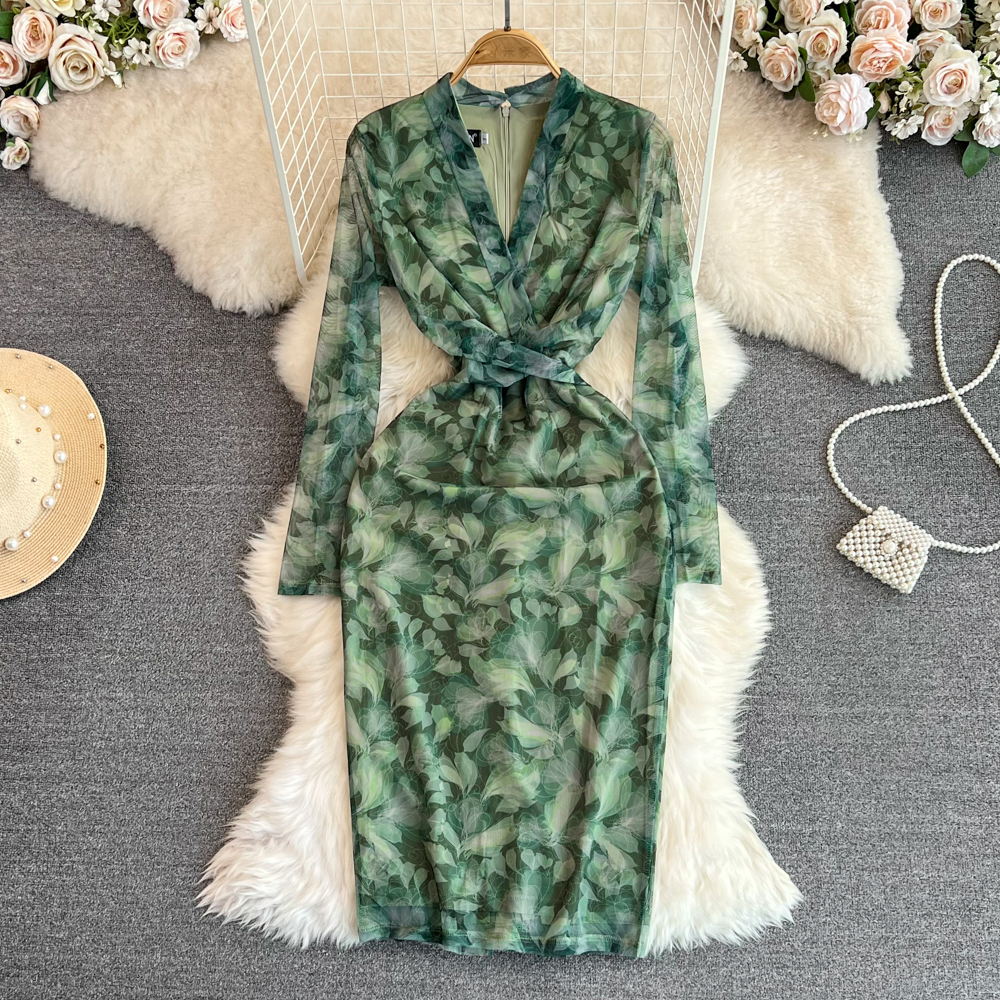 Korean Style Green Printed V-Neck Long Sleeve Sheath Dress for Women | Spring & Autumn Floral Midi Skirt | Perfect for Office Wear, Date Night & Special Occasions