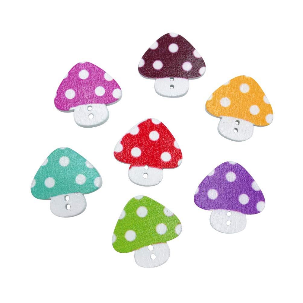SUPVOX 50pcs Wooden Cartoon Mushroom Buttons for DIY Sewing, Clothing Embellishment, Scrapbooking - 23mm Mixed Color Buttons for Jeans, Blouses & Crafts - Perfect for DIY Projects, Kids Clothing & Handmade Gifts