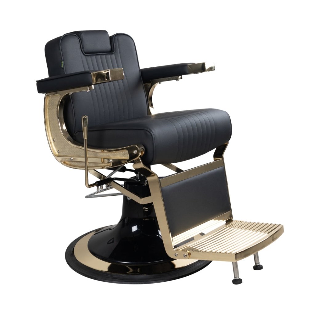 Premium Hydraulic Barber Chair - Gold Electroplated & Black Leather Salon Styling Chair with Heavy Duty Pump for Professional Haircuts & Styling - Perfect for Salons, Barbershops & Home Use