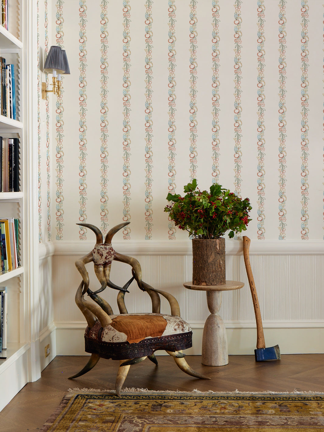 Lingua Franca Embroidered Fruit Vines Wallpaper - Cream Floral Peel & Stick Wallpaper for Bedroom, Nursery, Kitchen Decor