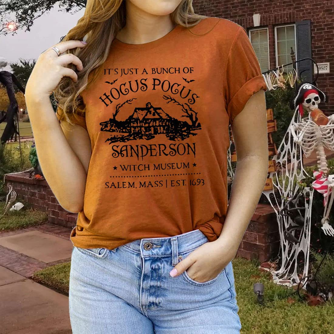 Halloween T-Shirts for Women - Sanderson Witch Museum Graphic Tee with 'It's Just A Bunch of Hocus Pocus' Print | Cute & Spooky Witch-Themed Top for Halloween Parties, Costume Events & Witch Lovers