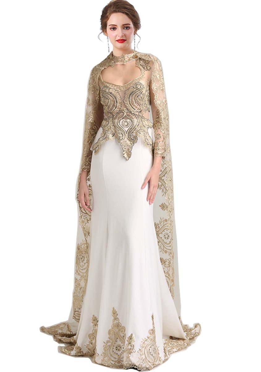 Elegant Gold Lace Mermaid Prom Dress for Women - Satin Wedding Gown with Detachable Tulle Cape | Perfect for Formal Dances, Evening Galas & Bridal Events