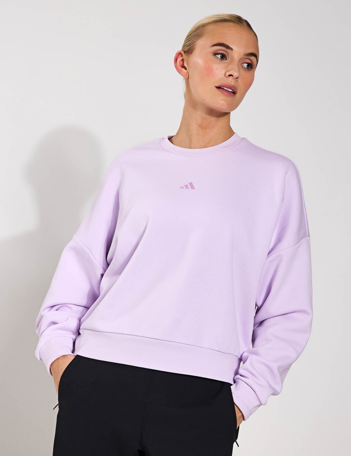 Essentials Small Logo Feelcozy Sweatshirt - Ice Lavender & Bliss Lilac | Soft Casual Pullover for Women | Perfect for Lounge Wear, Coffee Dates & Weekend Outings