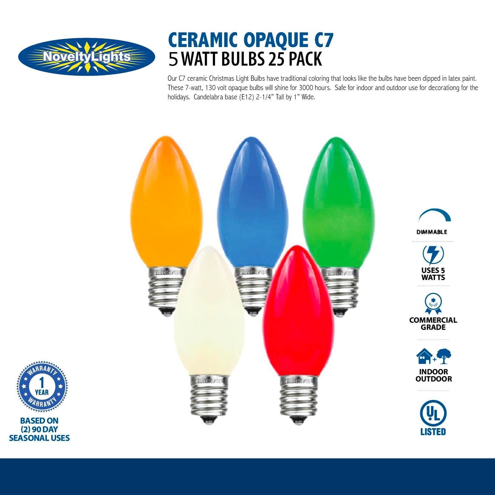 Novelty Lights C7-5C-YE 25-Pack Yellow Ceramic Christmas Bulbs for Outdoor Patio & Party Decor - Weatherproof Replacement Lights for Holiday, Wedding, and Landscape Lighting