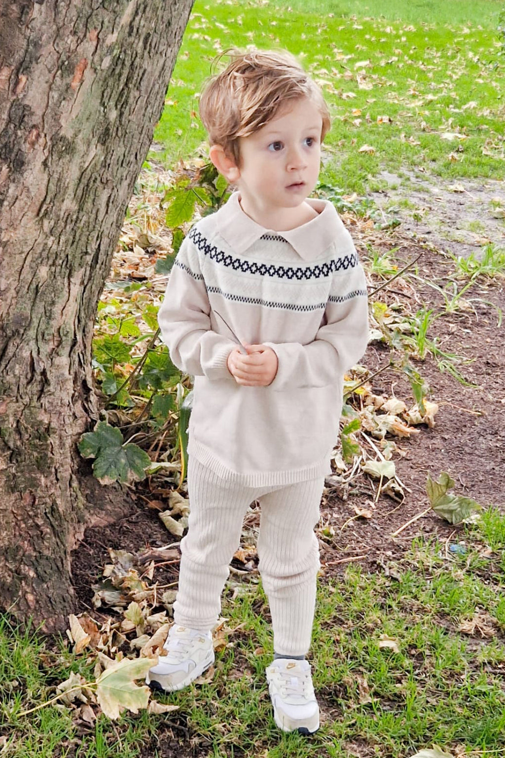 Hunter Stone & Black Fair Isle Knit Top & Leggings Set - Women's Winter Sweater and Leggings Outfit for Christmas, Holiday & Cozy Home Wear